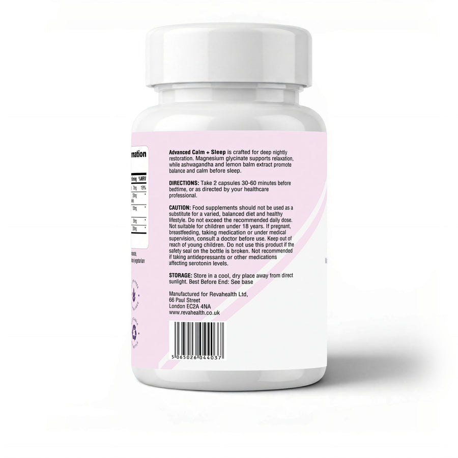 RevaHealth Advanced Calm + Sleep supplement bottle, product photograph 2