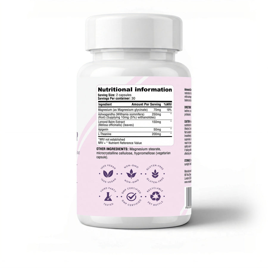 RevaHealth Advanced Calm + Sleep supplement bottle, product photograph 3