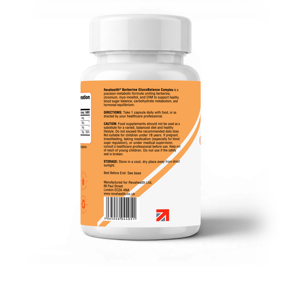 RevaHealth Berberine GlucoBalance Complex supplement bottle, product photograph 3