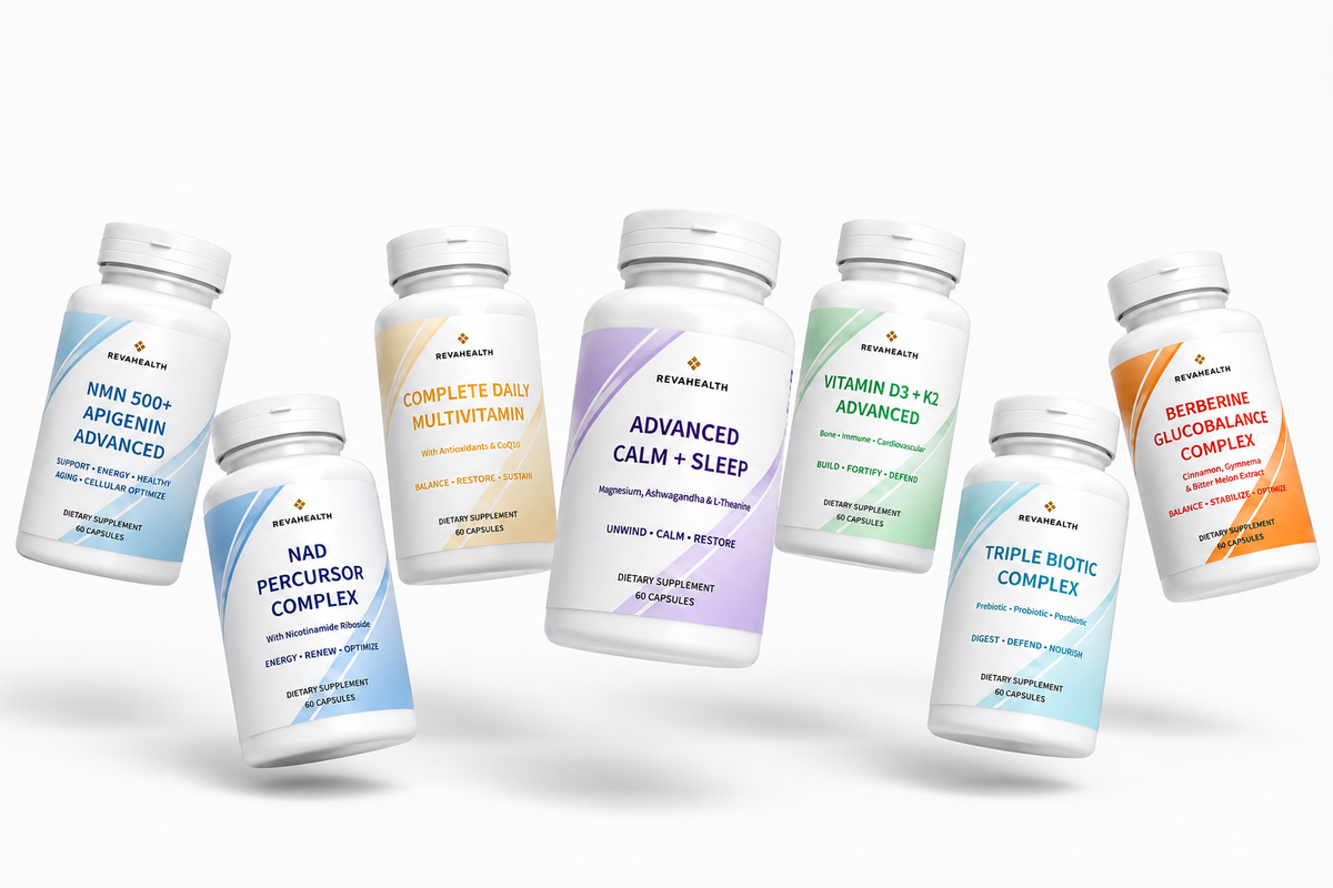 The seven RevaHealth supplement bottles arranged in a row against a pale background