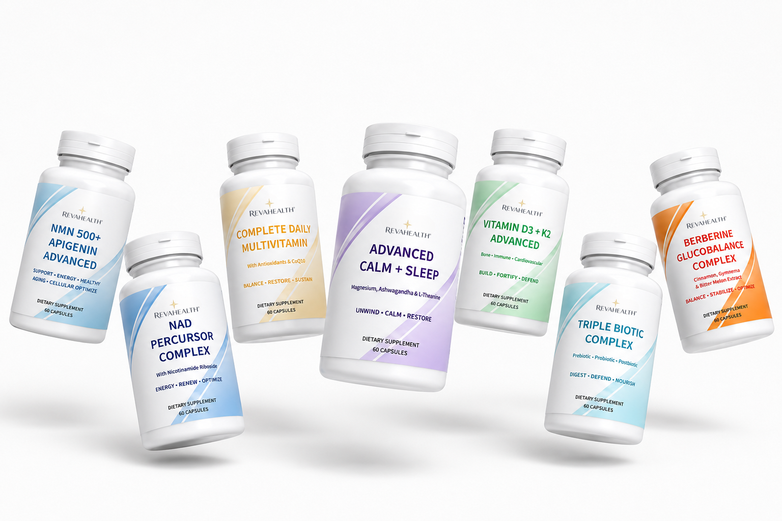 The six RevaHealth supplement bottles arranged together on a pale background