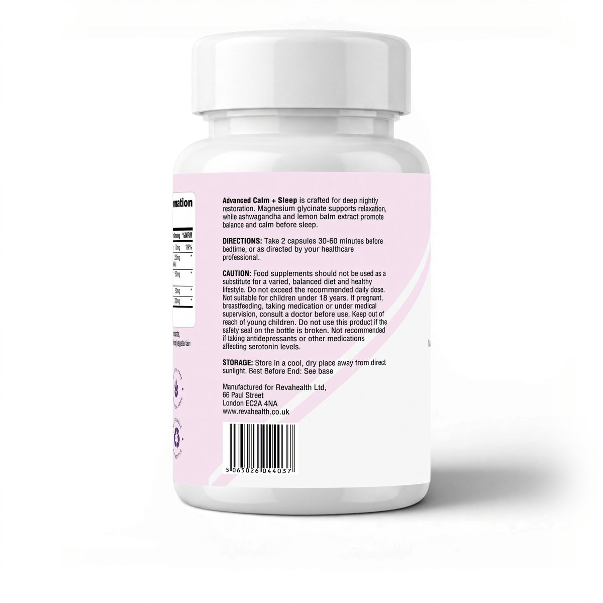 RevaHealth Advanced Calm + Sleep supplement bottle, product photograph 2