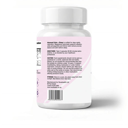RevaHealth Advanced Calm + Sleep supplement bottle, product photograph 2