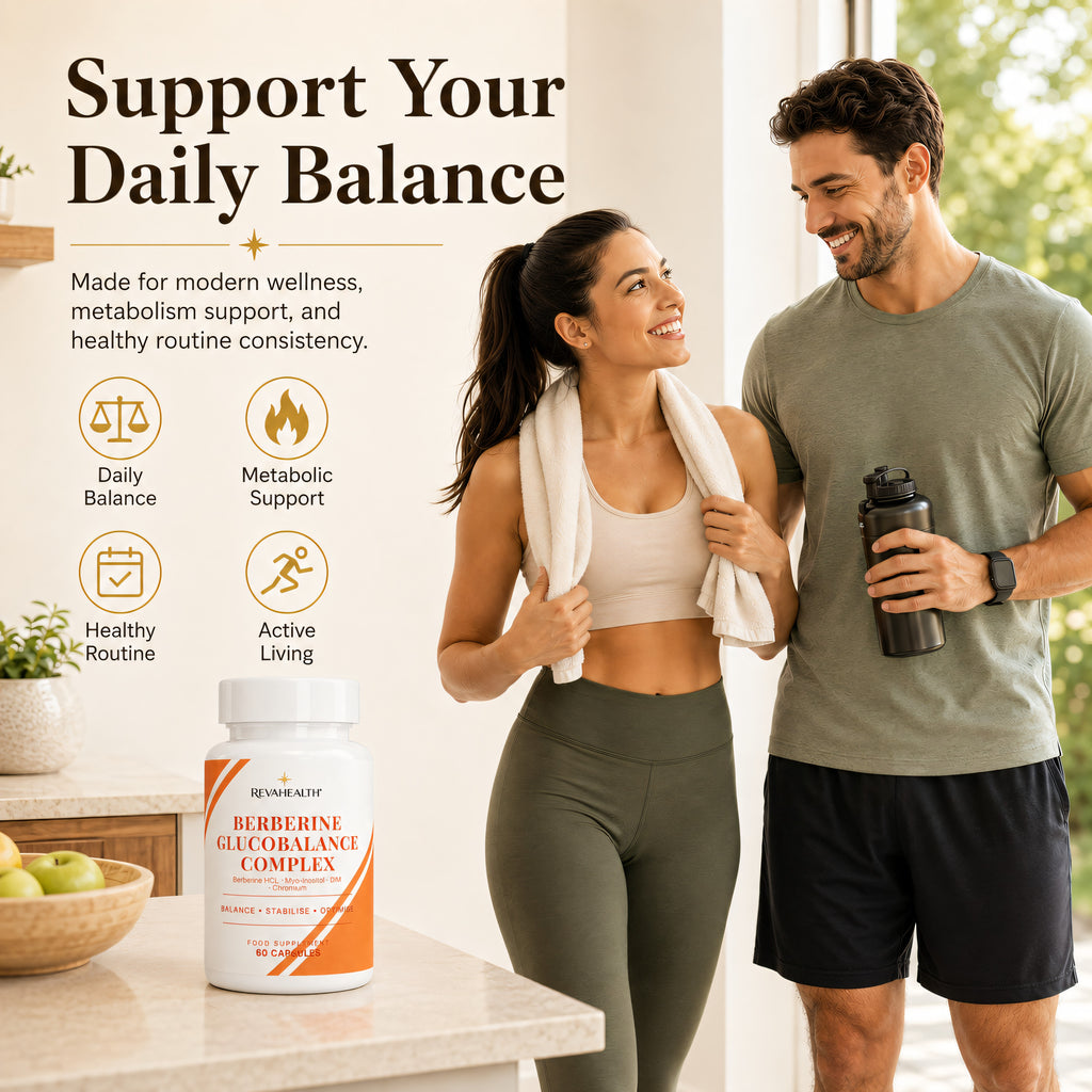 RevaHealth Berberine GlucoBalance Complex shown in an everyday lifestyle setting