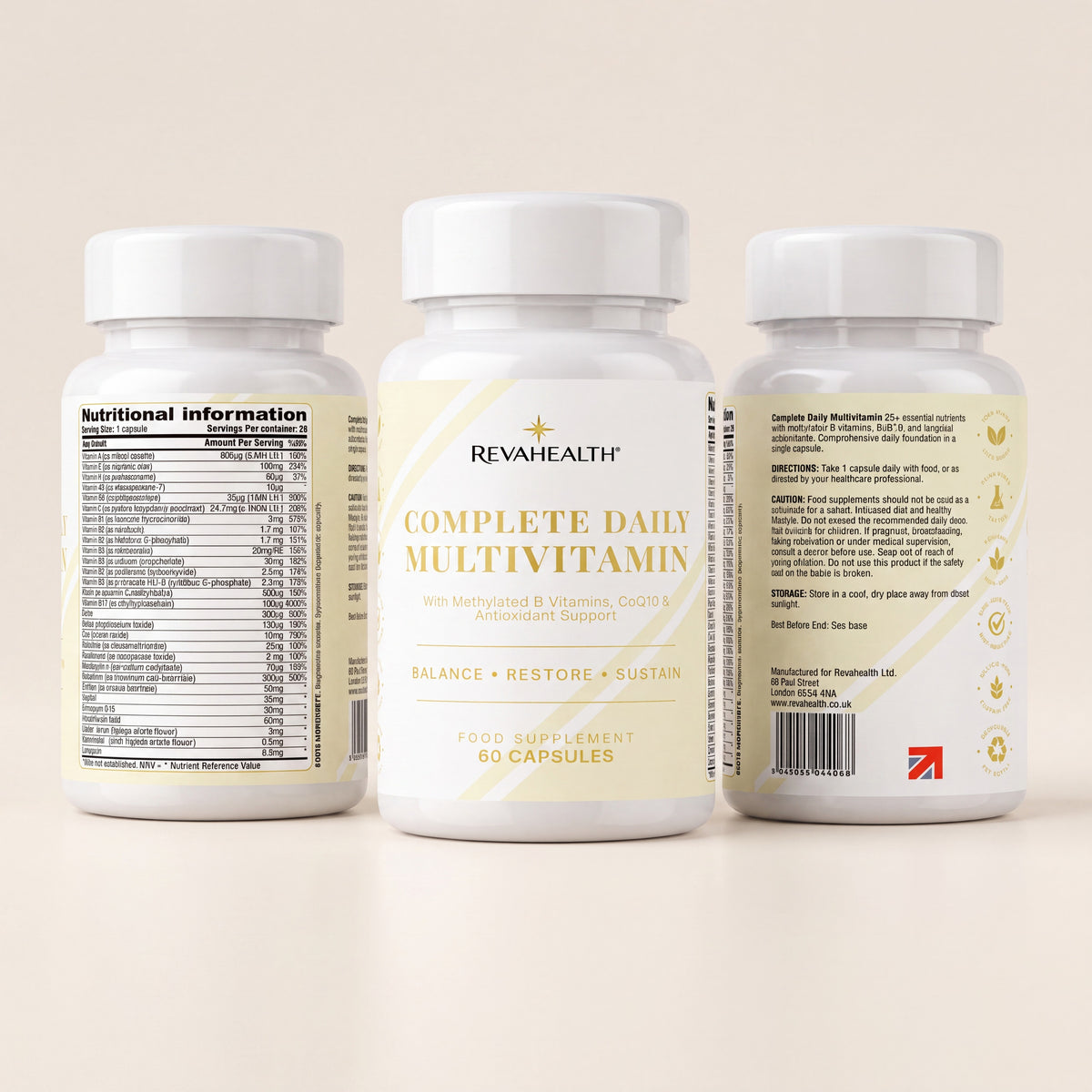 Three Complete Daily Multivitamin bottles showing the front label, the nutritional information panel and the directions panel