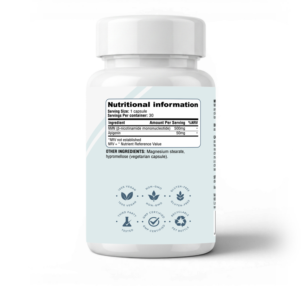RevaHealth NMN 500 + Apigenin Advanced supplement bottle, product photograph 2
