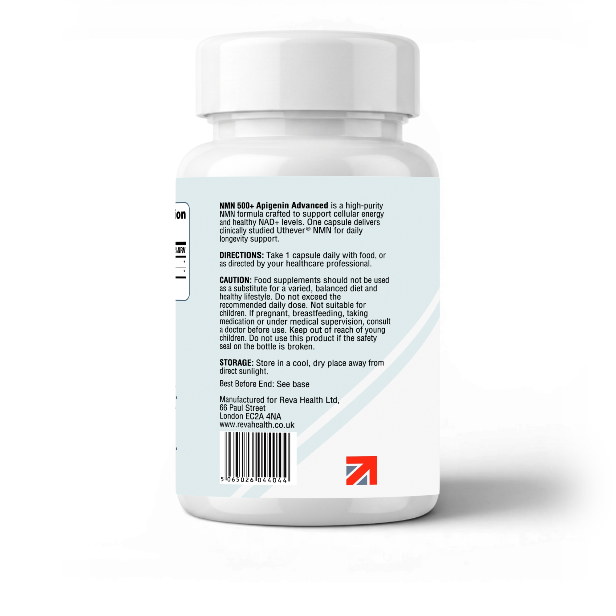RevaHealth NMN 500 + Apigenin Advanced supplement bottle, product photograph 3