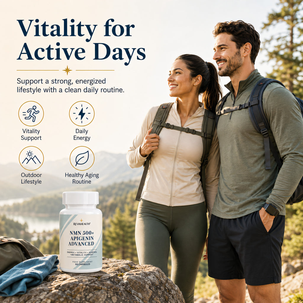RevaHealth NMN 500 + Apigenin Advanced shown in an everyday lifestyle setting