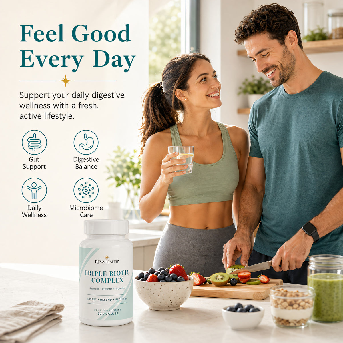 RevaHealth Triple Biotic Complex shown in an everyday lifestyle setting