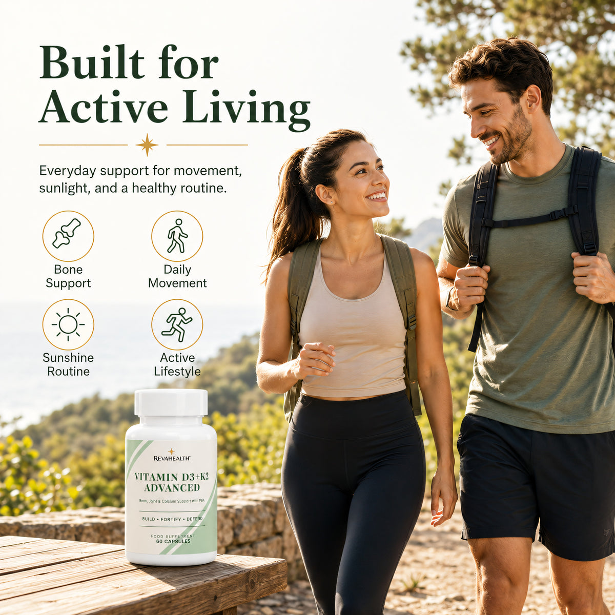 RevaHealth Vitamin D3+K2 Advanced shown in an everyday lifestyle setting