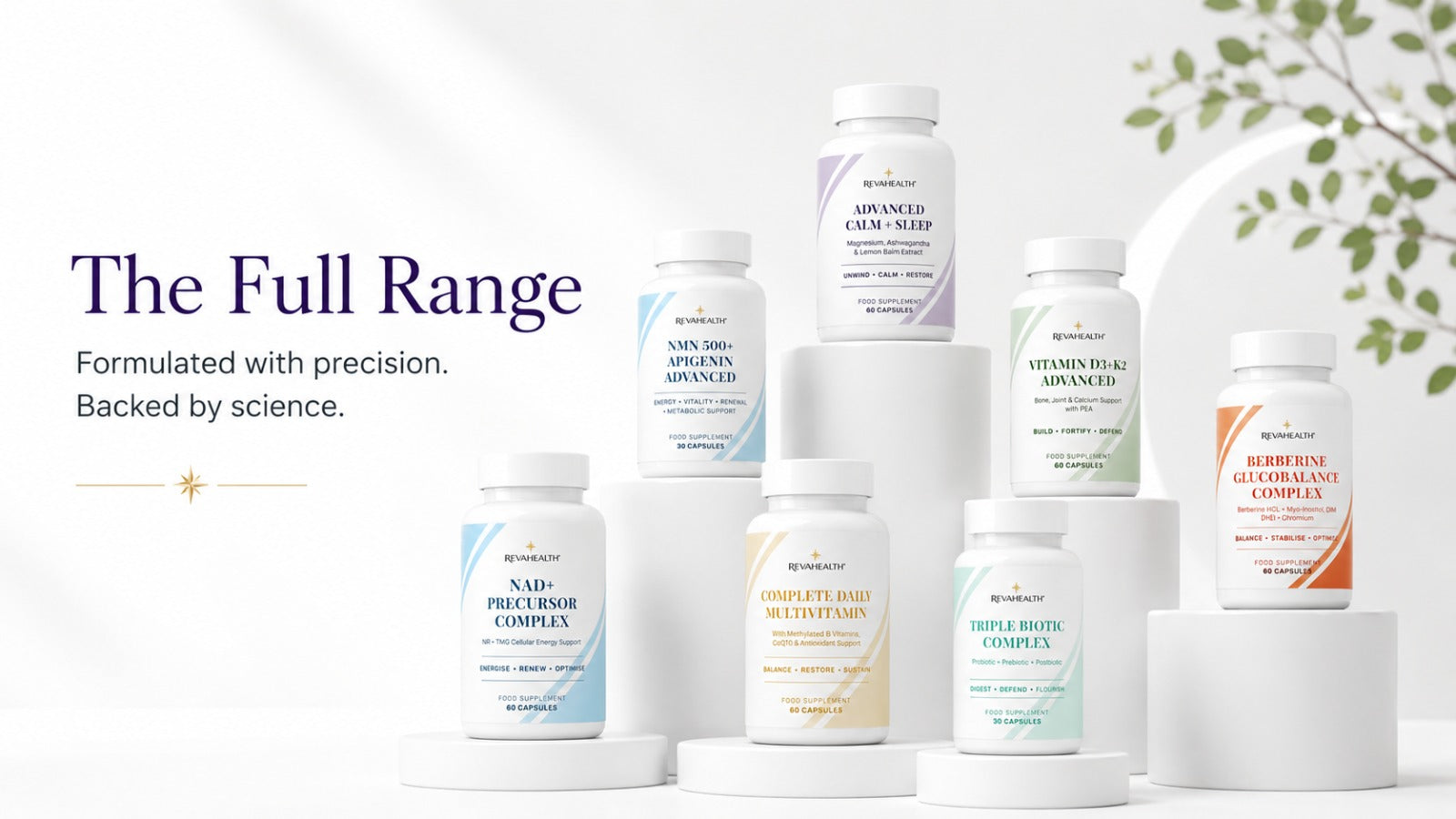 The RevaHealth range of seven supplement bottles arranged on pale plinths